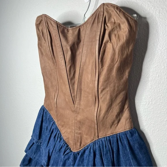 Vintage Danna Strapless Leather and Denim Drop Waist Ruffle Tiered Mini Dress - Picture 2 of 7